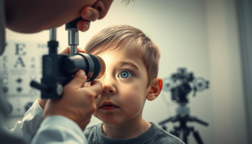 A close-up image focusing on a pediatric ophthalmologist examining a child’s eyes, showcasing signs of congenital glaucoma. In the foreground, the doctor, dressed in professional attire, uses an ophthalmoscope to illuminate the child's eyes, revealing corneal enlargement and cloudy corneas. The child, sitting calmly, displays a curious expression, emphasizing the innocence of youth. In the middle ground, a medical examination room can be seen, equipped with eye charts and ophthalmic tools. Soft, diffused lighting creates a clinical atmosphere, enhancing the focus on the examination. In the background, a serene pastel-colored wall adds a soothing touch to the environment. The overall mood conveys a blend of professionalism and caring, highlighting the importance of early detection and treatment of this condition. A close-up image focusing on a pediatric ophthalmologist examining a child’s eyes, showcasing signs of congenital glaucoma. In the foreground, the doctor, dressed in professional attire, uses an ophthalmoscope to illuminate the child's eyes, revealing corneal enlargement and cloudy corneas. The child, sitting calmly, displays a curious expression, emphasizing the innocence of youth. In the middle ground, a medical examination room can be seen, equipped with eye charts and ophthalmic tools. Soft, diffused lighting creates a clinical atmosphere, enhancing the focus on the examination. In the background, a serene pastel-colored wall adds a soothing touch to the environment. The overall mood conveys a blend of professionalism and caring, highlighting the importance of early detection and treatment of this condition.