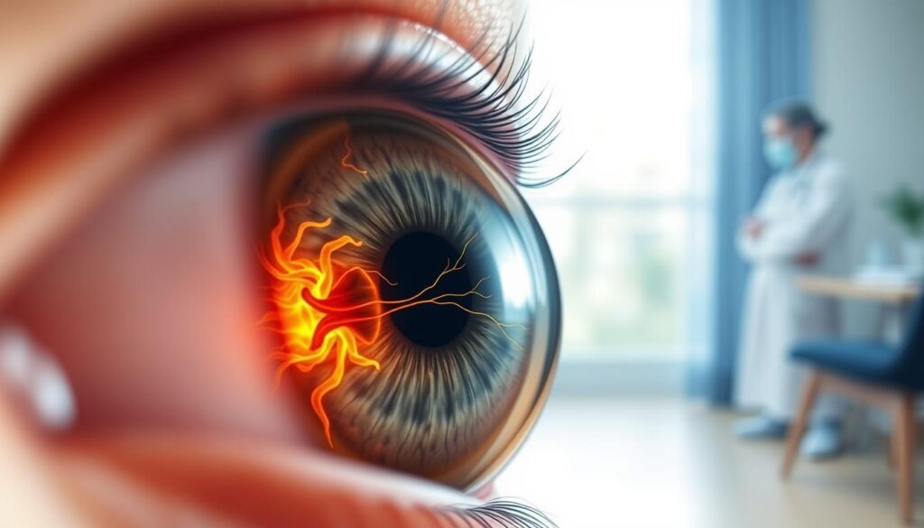 A close-up image illustrating the impact of glaucoma on the optic nerve, showing a detailed visualization of nerve damage. In the foreground, a stylized depiction of the human eye with a focus on the optic nerve, showcasing areas affected by glaucoma. The middle section should emphasize the contrast between healthy and damaged nerve fibers, using vibrant colors to represent the severity of damage. The background should feature a blurred medical environment, perhaps a doctor's office or an eye clinic, softly lit with natural light to evoke a sense of professionalism and calm. The atmosphere should be serious and informative, conveying the importance of eye health and the diagnosis of glaucoma without any distractions. A close-up image illustrating the impact of glaucoma on the optic nerve, showing a detailed visualization of nerve damage. In the foreground, a stylized depiction of the human eye with a focus on the optic nerve, showcasing areas affected by glaucoma. The middle section should emphasize the contrast between healthy and damaged nerve fibers, using vibrant colors to represent the severity of damage. The background should feature a blurred medical environment, perhaps a doctor's office or an eye clinic, softly lit with natural light to evoke a sense of professionalism and calm. The atmosphere should be serious and informative, conveying the importance of eye health and the diagnosis of glaucoma without any distractions.