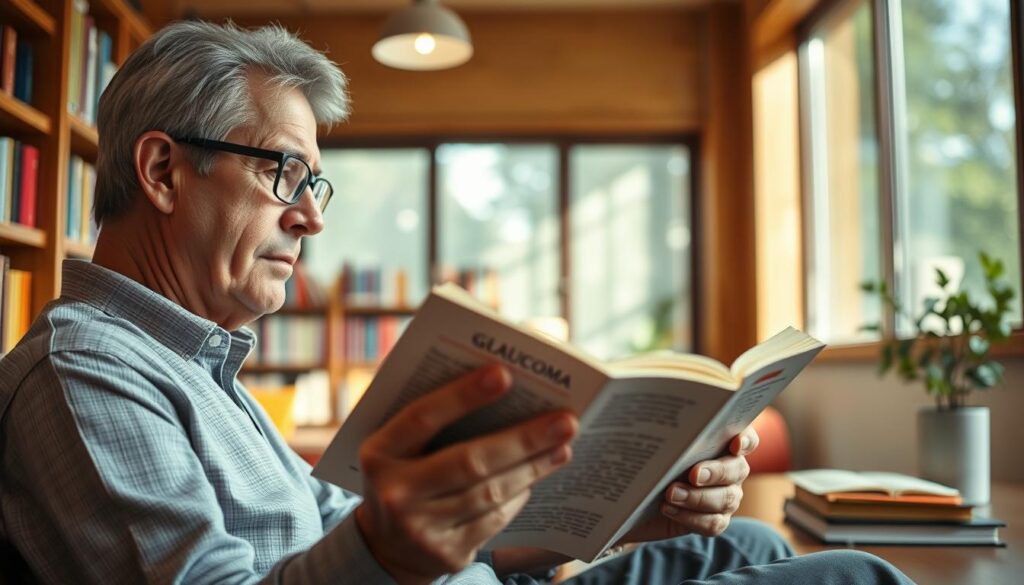 A close-up of a middle-aged person with glasses sitting in a cozy library, intensely focused on reading a book about glaucoma. The foreground features the person’s hands gently holding the book, with a blurred image of text that symbolizes the challenges of reading with glaucoma. In the middle, soft natural light filters through a large window, casting gentle shadows and creating a warm atmosphere. The background showcases wooden bookshelves filled with colorful books and a small potted plant on a reading table, enhancing the serene setting. The mood is contemplative and informative, reflecting the struggle of maintaining reading comfort while managing vision impairment.