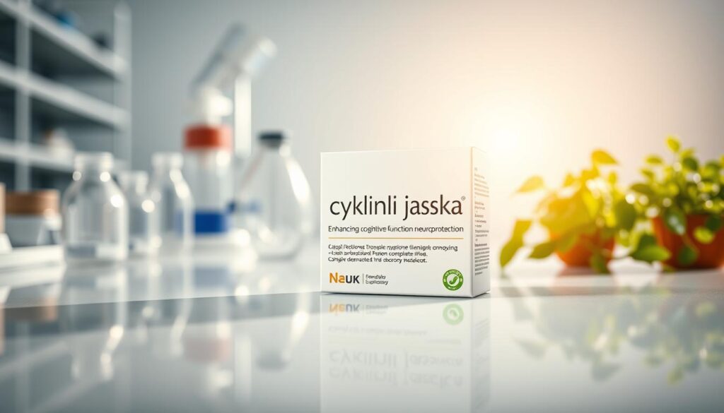 A close-up view of a bright, elegantly packaged box of "cytykolina jaskra" with a modern, sleek design, prominently featuring its key benefits like enhancing cognitive function and neuroprotection. In the foreground, the box is positioned on a clean, reflective surface that subtly reflects the light, creating a sense of clarity and professionalism. In the middle ground, blurred laboratory equipment and natural elements like green plants suggest a scientific yet approachable atmosphere, indicating the supplement's connection to health and wellness. The background includes soft, diffused lighting that casts a gentle halo around the box, enhancing its importance. The overall mood is inspiring and trustworthy, aimed at conveying efficacy and expert endorsement in a sophisticated setting.