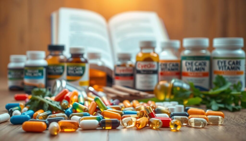 A close-up view of a bright, inviting display of various vitamins and supplements beneficial for eye health, specifically for those with glaucoma. The foreground features colorful vitamin capsules, fish oil, and leafy greens arranged aesthetically on a wooden table. In the middle ground, there are clear glass bottles labeled with eye health supplements, reflecting soft natural light. The background showcases a blurred image of an open book on eye care, hinting at knowledge and information. The scene is warmly lit, creating an inviting and informative atmosphere. Use a shallow depth of field to emphasize the vitamins while creating a serene and health-focused mood. No people or text should be included.