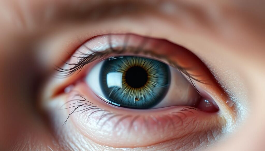 A close-up view of a human eye experiencing glaucoma. The foreground focuses on the eye with visible characteristics of glaucoma such as a cloudy cornea and a distorted optic nerve. The middle section captures the eyebrow and eyelid for context, with a slight shadow to enhance depth. The background should be softly blurred to emphasize the eye, with gentle, diffused lighting creating a clinical but compassionate atmosphere. Use a shallow depth of field for subtle visual focus, mimicking a macro photography style. The overall mood should evoke a sense of awareness and understanding of eye health. Ensure the eye is in a neutral expression, devoid of any extraneous elements or distractions.