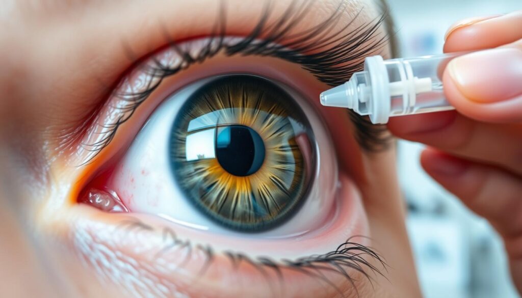 A close-up view of a human eye, showcasing early symptoms of glaucoma. The foreground features a detailed view of the eye's surface, highlighting signs such as changes in the optic nerve and the appearance of halos around light. In the middle ground, a blurred hand can be seen gently holding an eye dropper, symbolizing the importance of eye care. The background includes soft-focus elements like an ophthalmologist's office, with medical posters and tools subtly visible. The lighting is soft yet bright, mimicking a clinical setting, emphasizing clarity. The mood is serious and informative, aimed at raising awareness about the condition, capturing the urgency of early detection in a professional atmosphere, suitable for a medical article.