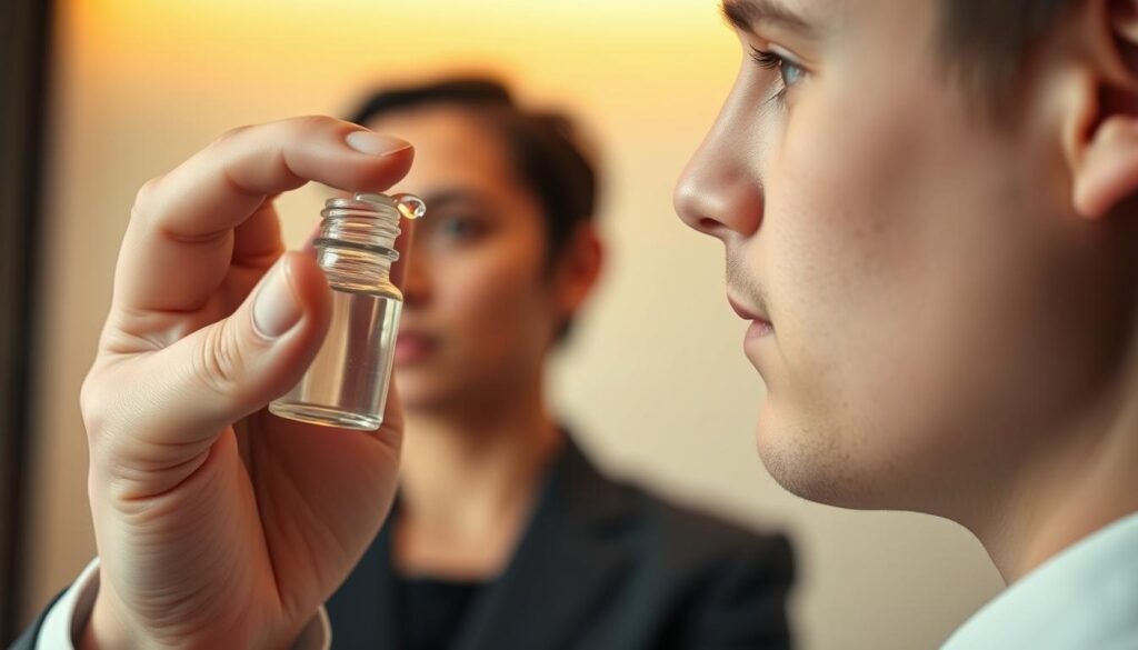 A close-up view of a person applying eye drops, showcasing the precise moment of the drop falling towards the eye. The foreground features a hand holding a small bottle of eye drops, with a clear focus on the droplet poised above an eye. The individual is wearing professional business attire, conveying a sense of seriousness and expertise. The middle ground shows the person's face in a side profile, emphasizing the gentle application process. The background is softly blurred to highlight the subject, with warm, soft lighting that creates a calm and soothing atmosphere. The overall mood is informative and reassuring, ideal for conveying effective eye care practices.