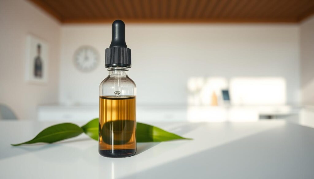 A close-up view of a sleek, modern dropper bottle labeled "natural eye drops for glaucoma" set on a clean, white clinical table. The foreground displays the bottle with a glass dropper, reflecting soft natural light, emphasizing the clear liquid inside. In the middle ground, a pair of soothing green leaves suggest the natural ingredients used in the formulation, complementing the bottle. The background features a softly blurred, serene clinic setting with light-colored walls and minimal decor, creating a calm and professional atmosphere. The overall mood is tranquil and healing, illustrating the essence of preservative-free eye drops. The shot is taken at eye level to engage the viewer directly, with a shallow depth of field to enhance the focus on the product. A close-up view of a sleek, modern dropper bottle labeled "natural eye drops for glaucoma" set on a clean, white clinical table. The foreground displays the bottle with a glass dropper, reflecting soft natural light, emphasizing the clear liquid inside. In the middle ground, a pair of soothing green leaves suggest the natural ingredients used in the formulation, complementing the bottle. The background features a softly blurred, serene clinic setting with light-colored walls and minimal decor, creating a calm and professional atmosphere. The overall mood is tranquil and healing, illustrating the essence of preservative-free eye drops. The shot is taken at eye level to engage the viewer directly, with a shallow depth of field to enhance the focus on the product.
