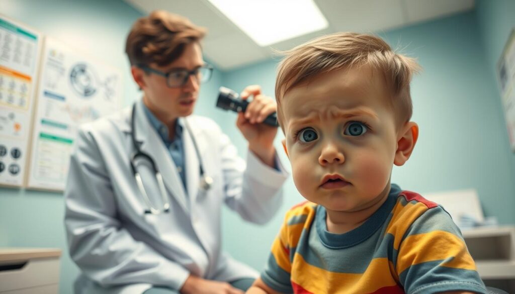 A concerned pediatrician in a medical office, observing a young child with a worried expression, highlighting symptoms of glaucoma. The foreground features the child sitting on an examination table, wearing a colorful shirt, with visible signs of discomfort in their eyes. In the middle ground, the pediatrician, dressed in a white coat and stethoscope, is gently examining the child’s eyes with a flashlight. The background showcases medical charts on the wall, bright clinical lighting, and a calming color palette with soft blues and greens to create a reassuring atmosphere. The image should convey urgency and professionalism, emphasizing the importance of recognizing eye health issues in children.