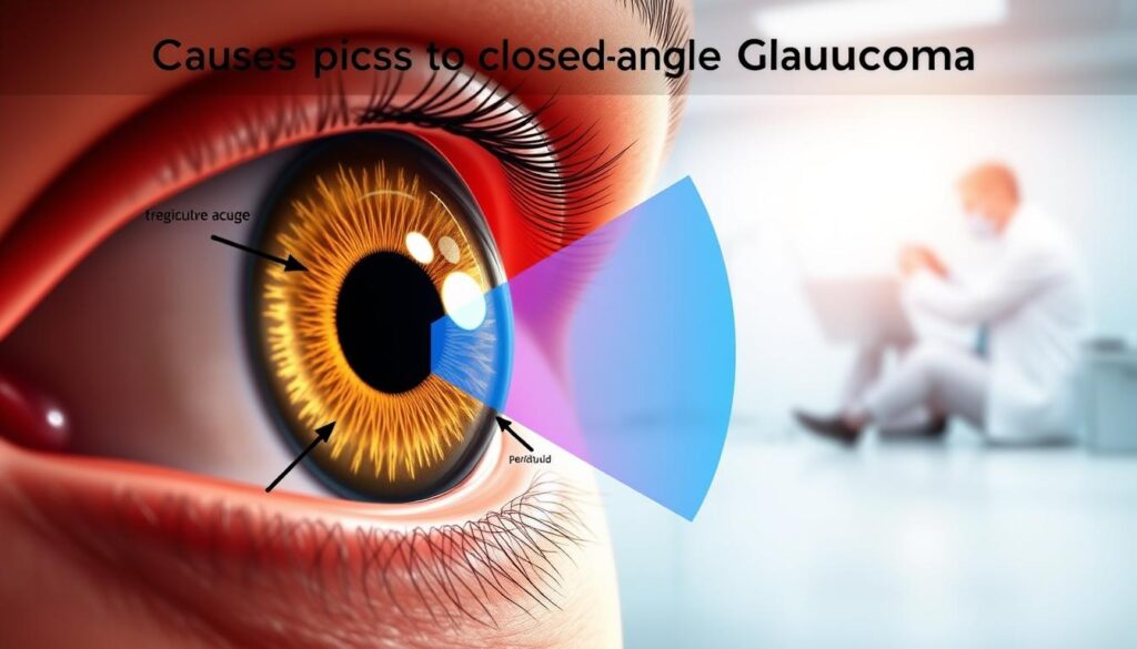 A detailed anatomical illustration focusing on the causes of closed-angle glaucoma. In the foreground, feature a realistic, labeled diagram of the human eye, showing the iris, cornea, and the drainage angle. Include arrows pointing to significant areas where blockages occur, such as the trabecular meshwork and the peripheral iris. In the middle ground, add a subtle gradient highlighting the pressure differences within the eye, using colors like blue to indicate fluid and red for high pressure. In the background, blend softly with a medically inspired pattern evoking the structure of the optic nerve and a blurred image of a medical professional examining a patient in the distance. The lighting should be bright and clinical, creating a clear and informative atmosphere. The overall mood is educational and professional, suitable for a medical audience. A detailed anatomical illustration focusing on the causes of closed-angle glaucoma. In the foreground, feature a realistic, labeled diagram of the human eye, showing the iris, cornea, and the drainage angle. Include arrows pointing to significant areas where blockages occur, such as the trabecular meshwork and the peripheral iris. In the middle ground, add a subtle gradient highlighting the pressure differences within the eye, using colors like blue to indicate fluid and red for high pressure. In the background, blend softly with a medically inspired pattern evoking the structure of the optic nerve and a blurred image of a medical professional examining a patient in the distance. The lighting should be bright and clinical, creating a clear and informative atmosphere. The overall mood is educational and professional, suitable for a medical audience.