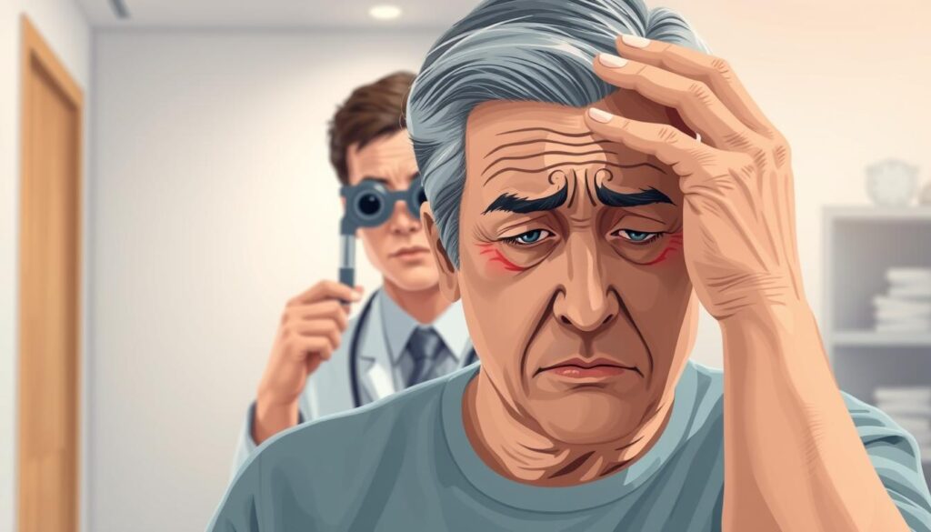 A detailed illustration depicting the symptoms of a glaucoma attack. In the foreground, a concerned middle-aged individual with a pained expression, holding their head in one hand, showcasing a subtle visual of pressure in their eyes. Visible signs, like redness in their eyes and slight swelling, can be subtly illustrated. In the middle ground, a medical professional in professional attire is observing, with a focused expression, holding an eye examination tool to emphasize the clinical aspect of the situation. The background features a soft-focus eye clinic environment with soothing, muted colors, giving a sense of serenity and urgency. The lighting is bright yet gentle, simulating an inviting and safe medical space, capturing the seriousness of the symptoms while maintaining an informative and clinical atmosphere. A detailed illustration depicting the symptoms of a glaucoma attack. In the foreground, a concerned middle-aged individual with a pained expression, holding their head in one hand, showcasing a subtle visual of pressure in their eyes. Visible signs, like redness in their eyes and slight swelling, can be subtly illustrated. In the middle ground, a medical professional in professional attire is observing, with a focused expression, holding an eye examination tool to emphasize the clinical aspect of the situation. The background features a soft-focus eye clinic environment with soothing, muted colors, giving a sense of serenity and urgency. The lighting is bright yet gentle, simulating an inviting and safe medical space, capturing the seriousness of the symptoms while maintaining an informative and clinical atmosphere.