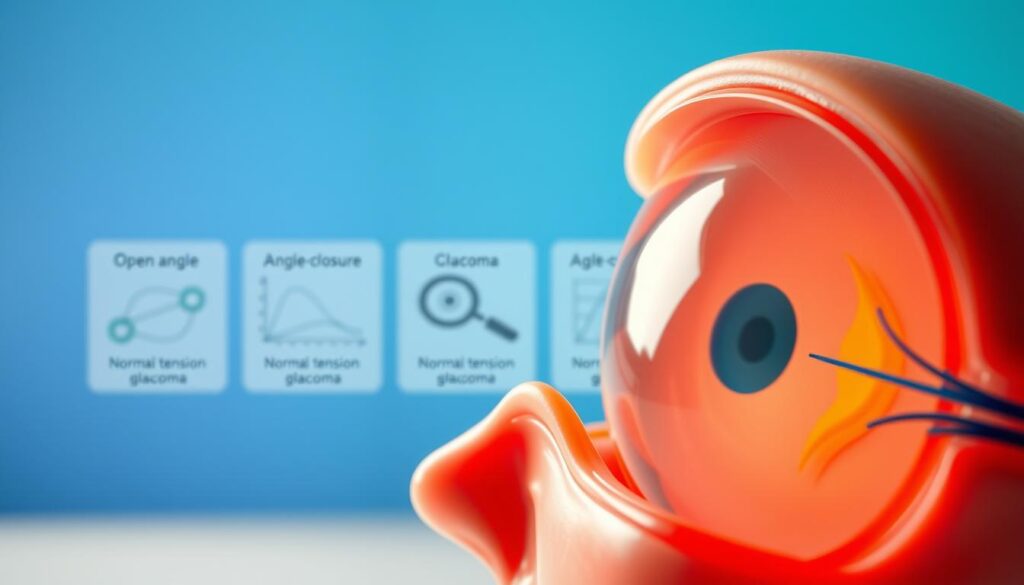 A detailed illustration depicting various types of glaucoma. In the foreground, showcase an anatomical eye model with vivid details highlighting the optic nerve and fluid drainage system, using soft lighting to accentuate the structure. In the middle ground, represent different glaucoma types visually—open-angle, angle-closure, and normal-tension glaucoma—using labeled diagrams or charts that blend seamlessly with the anatomical model. The background should be a subtle gradient of blues and greens, reminiscent of a clinical setting, creating a calm and informative atmosphere. Use a macro lens effect to enhance the focus on the eye's anatomy while maintaining soft, diffused edges. Overall, the mood should be educational and professional, emphasizing clarity and understanding.