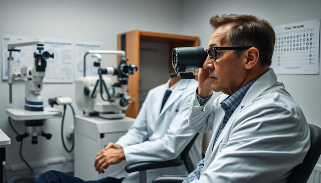A detailed medical examination room focusing on glaucoma diagnostics. In the foreground, a patient sitting in an examination chair with a concerned expression, dressed in smart casual clothing. A doctor, wearing a white lab coat and glasses, is carefully examining the patient's eyes using an advanced tonometer. In the middle ground, a well-equipped diagnostic area featuring specialized ophthalmology instruments, such as a visual field test machine and a slit lamp. The background shows medical charts and a chart for eye pressure scales on the wall. The lighting is bright and clinical, emphasizing a clean and sterile environment. The overall atmosphere conveys professionalism and attention to patient care, highlighting the seriousness of glaucoma diagnosis. A detailed medical examination room focusing on glaucoma diagnostics. In the foreground, a patient sitting in an examination chair with a concerned expression, dressed in smart casual clothing. A doctor, wearing a white lab coat and glasses, is carefully examining the patient's eyes using an advanced tonometer. In the middle ground, a well-equipped diagnostic area featuring specialized ophthalmology instruments, such as a visual field test machine and a slit lamp. The background shows medical charts and a chart for eye pressure scales on the wall. The lighting is bright and clinical, emphasizing a clean and sterile environment. The overall atmosphere conveys professionalism and attention to patient care, highlighting the seriousness of glaucoma diagnosis.