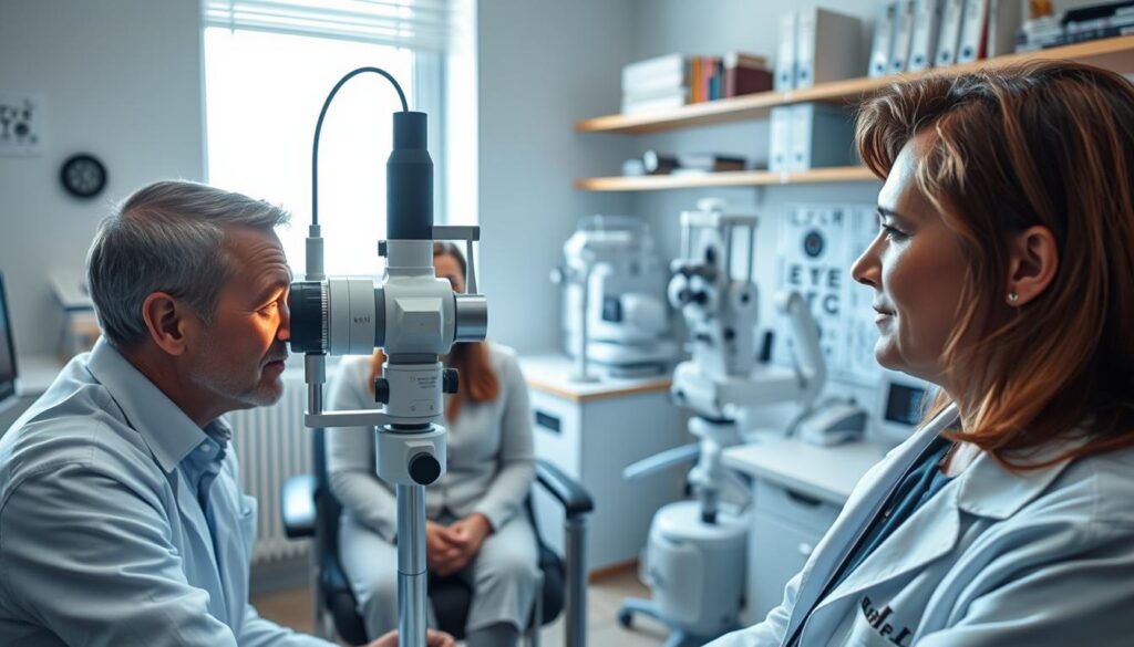 A detailed medical scene focused on the diagnosis of angle-closure glaucoma. In the foreground, a compassionate ophthalmologist in a white lab coat examines an eye using a slit lamp, with a focused, professional demeanor. The middle ground features a patient sitting comfortably in an exam chair, displaying a hint of concern. Surrounding them, a well-equipped ophthalmology room filled with diagnostic tools, such as tonometers and visual field test machines. Soft, natural lighting from a window creates an inviting atmosphere, while a subtle blue hue emphasizes a clinical setting. The background includes a shelf with medical books and eye charts, enhancing the diagnostic theme. The overall mood is one of professionalism and care, reflecting the importance of eye health. A detailed medical scene focused on the diagnosis of angle-closure glaucoma. In the foreground, a compassionate ophthalmologist in a white lab coat examines an eye using a slit lamp, with a focused, professional demeanor. The middle ground features a patient sitting comfortably in an exam chair, displaying a hint of concern. Surrounding them, a well-equipped ophthalmology room filled with diagnostic tools, such as tonometers and visual field test machines. Soft, natural lighting from a window creates an inviting atmosphere, while a subtle blue hue emphasizes a clinical setting. The background includes a shelf with medical books and eye charts, enhancing the diagnostic theme. The overall mood is one of professionalism and care, reflecting the importance of eye health.
