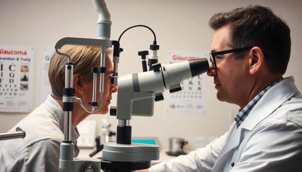 A detailed ophthalmic examination scene focusing on glaucoma diagnostics. In the foreground, a professional eye doctor, dressed in a white coat and glasses, carefully examines a patient’s eyes using a slit lamp, showcasing the intricate details of the equipment. The middle ground features various eye examination tools, such as an eye chart and tonometer, arranged neatly. The background includes a softly lit clinic environment with informative posters about glaucoma prevention and treatment on the walls. The lighting is bright and clinical, with a focus on the examination area to create a sense of professionalism and urgency. The mood is serious yet reassuring, emphasizing the importance of eye health and diagnostics.