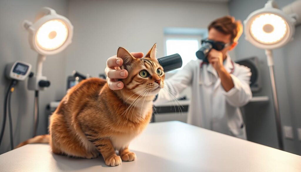 A focused veterinary examination scene showcasing a cat undergoing glaucoma diagnostics. In the foreground, a knowledgeable veterinarian, dressed in a professional white lab coat, gently holds the cat to examine its eyes using an ophthalmoscope. The cat displays a calm demeanor, with striking green eyes, sitting on a clean examination table. In the middle ground, various veterinary diagnostic equipment can be seen, including tonometry devices and bright lamps illuminating the area, casting soft shadows that create a clinical atmosphere. In the background, a small window allows natural light to filter in, adding warmth to the otherwise sterile environment. The overall mood is calm and professional, emphasizing the importance of eye health in pets.