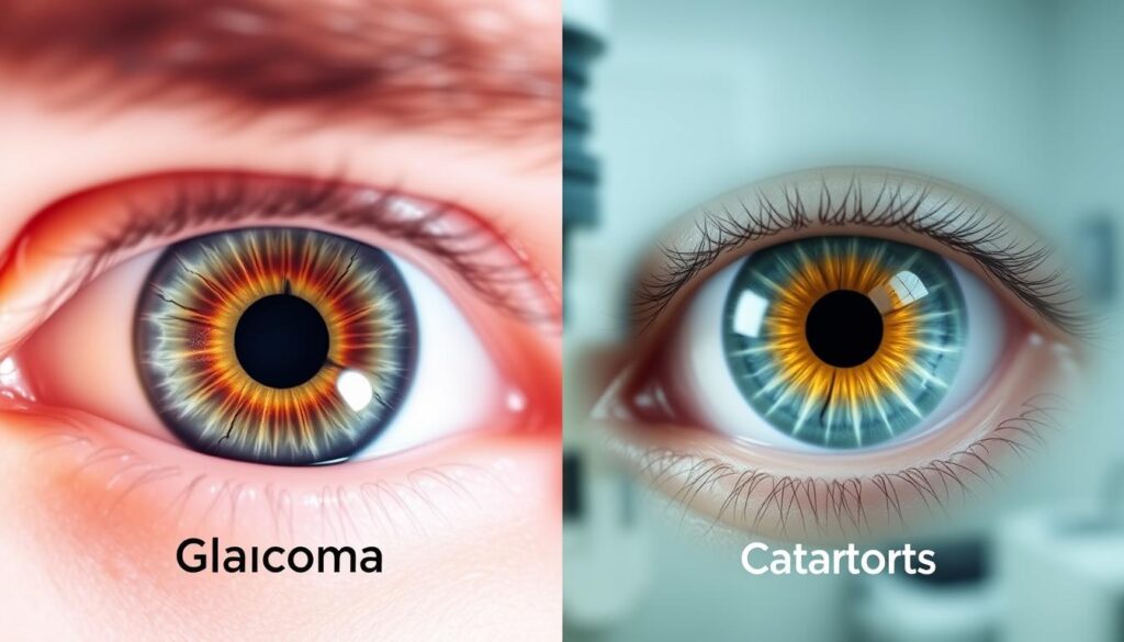 A highly detailed split image illustrating the differences between glaucoma and cataracts. In the foreground, on the left, a close-up view of a human eye affected by glaucoma, showcasing the characteristic damage, such as a cupped optic nerve, under bright, clinical lighting. On the right, an eye affected by cataracts, showing a cloudy lens, also under bright lighting. The middle ground should feature a subtle gradient, emphasizing the contrast between the two conditions. In the background, a softly blurred medical office setting with eye examination equipment, evoking a professional atmosphere. The mood is educational and informative, designed to convey a clear visual comparison. Use a neutral color palette to maintain focus on the eyes and their conditions. A highly detailed split image illustrating the differences between glaucoma and cataracts. In the foreground, on the left, a close-up view of a human eye affected by glaucoma, showcasing the characteristic damage, such as a cupped optic nerve, under bright, clinical lighting. On the right, an eye affected by cataracts, showing a cloudy lens, also under bright lighting. The middle ground should feature a subtle gradient, emphasizing the contrast between the two conditions. In the background, a softly blurred medical office setting with eye examination equipment, evoking a professional atmosphere. The mood is educational and informative, designed to convey a clear visual comparison. Use a neutral color palette to maintain focus on the eyes and their conditions.