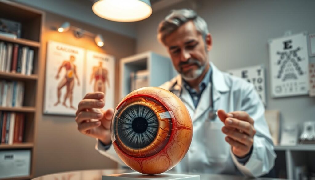 A medical professional, dressed in a crisp white lab coat, examining a detailed model of an eye with signs of glaucoma. The foreground features the eye model, emphasizing the damage caused by untreated glaucoma, showcasing symptoms like optic nerve damage and vision deterioration. In the middle ground, a softly lit consultation room with anatomical posters on the walls illustrates eye health. Subtle lighting from an overhead lamp casts a gentle glow, enhancing the serious, educational atmosphere. The background contains shelves filled with medical books and an eye chart, reinforcing the clinical environment. The mood is informative and somber, capturing the importance of awareness about the consequences of untreated glaucoma. A medical professional, dressed in a crisp white lab coat, examining a detailed model of an eye with signs of glaucoma. The foreground features the eye model, emphasizing the damage caused by untreated glaucoma, showcasing symptoms like optic nerve damage and vision deterioration. In the middle ground, a softly lit consultation room with anatomical posters on the walls illustrates eye health. Subtle lighting from an overhead lamp casts a gentle glow, enhancing the serious, educational atmosphere. The background contains shelves filled with medical books and an eye chart, reinforcing the clinical environment. The mood is informative and somber, capturing the importance of awareness about the consequences of untreated glaucoma.