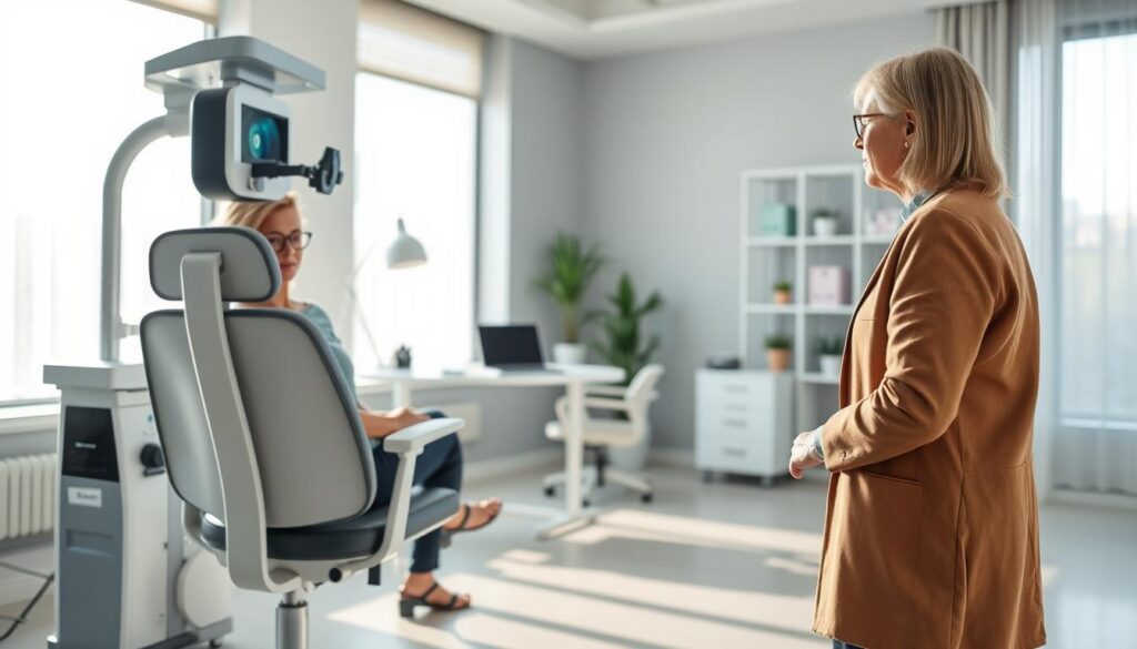 A modern ophthalmology clinic interior featuring a healthcare professional, a woman in professional attire, consulting with a patient about glaucoma treatment options. In the foreground, a stylish examination chair is positioned next to a high-tech ocular imaging device. The middle ground showcases a well-organized desk with medical charts and a laptop, creating an environment of professionalism and care. In the background, large windows allow soft, natural light to filter in, casting a warm glow across the room. The atmosphere is calm and reassuring, emphasizing the importance of early detection and effective treatment of glaucoma, with a focus on health and wellbeing. The overall composition should convey a sense of trust and expertise in eye care.