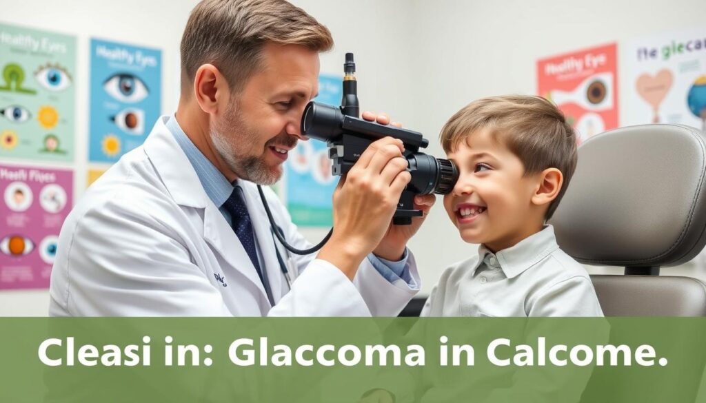 A pediatric ophthalmologist gently examines a young child with a playful expression in a bright, well-lit clinic setting. The doctor wears a white coat, smartly dressed, and is using specialized optical equipment to check the child's eyes for signs of glaucoma. In the background, colorful posters depicting healthy eyes and eye care tips are displayed on the walls, creating an inviting atmosphere. The lighting is soft and natural, promoting a sense of trust and care. The child is seated comfortably in an examination chair, and the scene conveys a feeling of safety, professionalism, and hope, emphasizing the importance of recognizing and treating glaucoma in children.