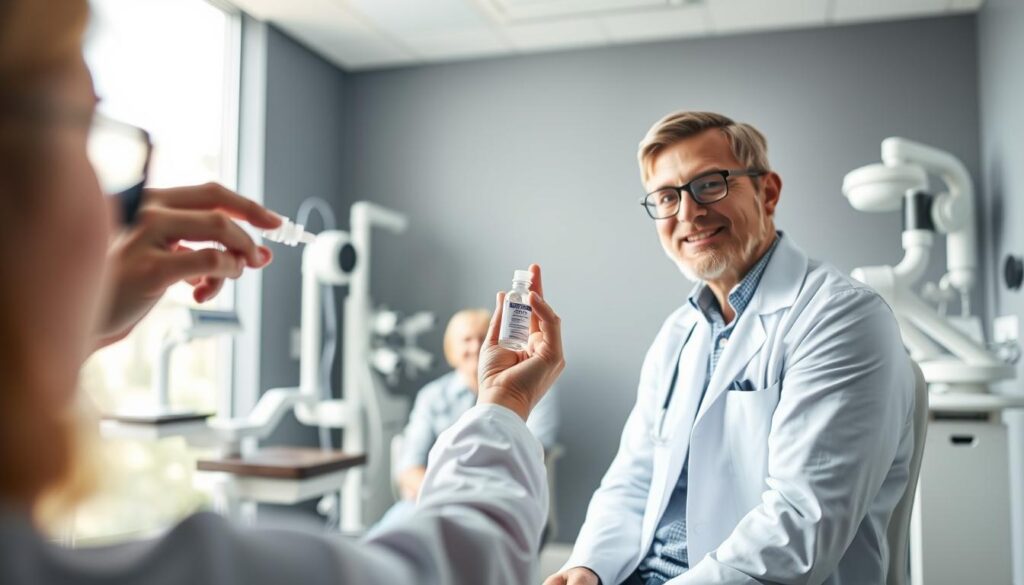 A serene, modern ophthalmology clinic interior, focusing on a professional eye doctor administering glaucoma eye drops to a patient. The foreground captures the doctor, dressed in a crisp white lab coat and glasses, gently holding a small bottle of preservative-free eye drops, with a warm and reassuring expression. The middle includes the patient, a middle-aged person, sitting comfortably in a chair, looking relaxed and attentive. The background shows advanced medical equipment, such as an eye examination chair and various eye care instruments, softly illuminated by natural light streaming through a large window. The atmosphere is calm and inviting, conveying a sense of trust and hope in the journey of glaucoma treatment. A serene, modern ophthalmology clinic interior, focusing on a professional eye doctor administering glaucoma eye drops to a patient. The foreground captures the doctor, dressed in a crisp white lab coat and glasses, gently holding a small bottle of preservative-free eye drops, with a warm and reassuring expression. The middle includes the patient, a middle-aged person, sitting comfortably in a chair, looking relaxed and attentive. The background shows advanced medical equipment, such as an eye examination chair and various eye care instruments, softly illuminated by natural light streaming through a large window. The atmosphere is calm and inviting, conveying a sense of trust and hope in the journey of glaucoma treatment.