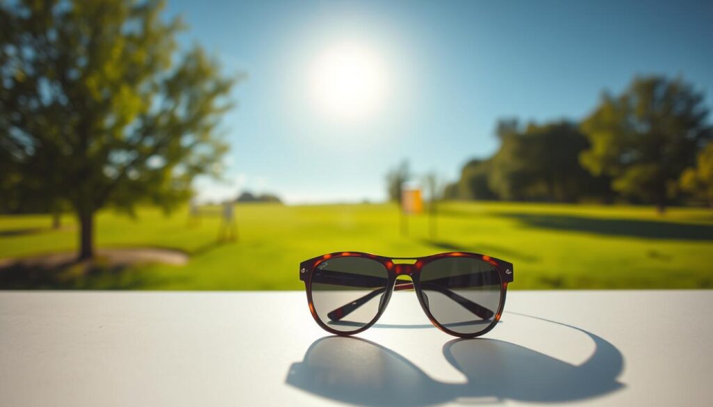 A serene outdoor scene depicting the effects of UV radiation on eyes, focusing on the theme of glaucoma and sun exposure. In the foreground, a pair of elegant sunglasses rests on a clean, smooth surface, symbolizing eye protection. The midground shows a lush green park with a few small trees, subtly casting dappled sunlight on the ground, which enhances the feeling of a sunny day. In the background, a bright sun shines clearly in a blue sky, representing the source of UV rays. The overall mood is calm and informative, with soft, natural lighting highlighting the sunglasses to emphasize their importance in eye care. The angle captures the scene from a slight elevation, creating depth and inviting viewers to reflect on eye protection against sunlight.