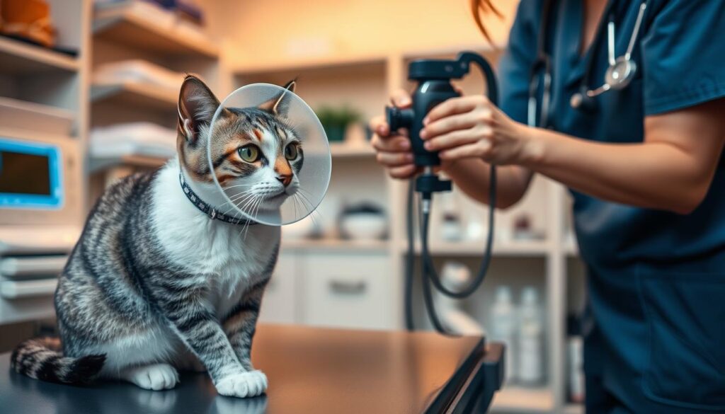 A veterinary clinic setting with a focus on a cat undergoing additional glaucoma examinations. In the foreground, a white and gray tabby cat sits calmly on an examination table, wearing a small protective cone collar. A veterinarian, a woman dressed in scrubs, gently examines the cat's eyes with an ophthalmic instrument, showcasing a close-up of the examination process. In the middle ground, a high-tech diagnostic machine can be seen, illuminated by soft, warm lighting. The background features shelves with medical supplies and a reassuring, organized atmosphere. The mood is professional yet caring, conveying the importance of thorough diagnostic procedures in a safe and welcoming environment. The image captures the essence of feline healthcare and the focus on glaucoma detection.