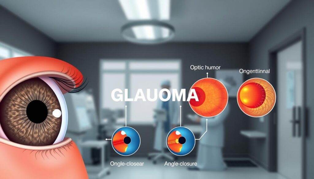 A visually detailed illustration showcasing various types of glaucoma, featuring a split image design. In the foreground, depict close-up images of the eye, highlighting features such as the optic nerve, aqueous humor, and trabecular meshwork. In the middle, illustrate different glaucoma types—primary open-angle, angle-closure, congenital, and secondary glaucoma—represented through distinct visual markers or annotations linked to their characteristics. In the background, create a blurred, soft-focus image of an eye clinic, emphasizing a clinical atmosphere with muted lighting. Natural light streams through a window, enhancing the sense of professionalism and urgency. The overall mood should be informative yet engaging, aiming to educate viewers while maintaining a clear focus on the intricate details of each type of glaucoma.
