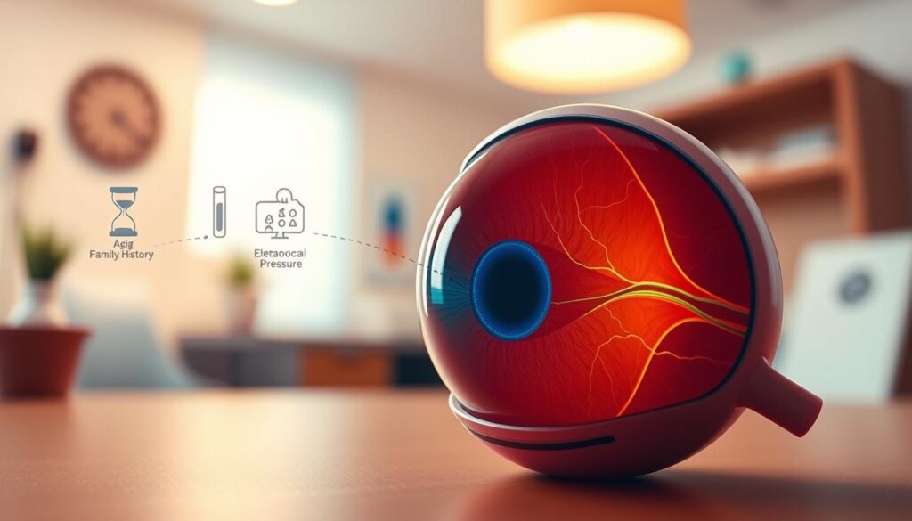 A visually engaging and informative image illustrating the causes of glaucoma, focusing on an eye anatomy theme. In the foreground, an anatomical diagram of an eye, highlighting the optic nerve and aqueous humor pathways, depicted with vibrant colors for clarity. The middle ground features subtle illustrations of common risk factors, including aging, family history, and elevated intraocular pressure, shown through symbolic representations such as hourglasses, family trees, and pressure indicators. The background is softly blurred to evoke a medical office environment with warm, diffused lighting, suggesting a sense of professionalism and care. The overall mood is serious yet educational, aiming to enhance understanding of glaucoma's causes without the use of text or external elements. The perspective is slightly angled to give a dynamic view while maintaining focus on the eye diagram.