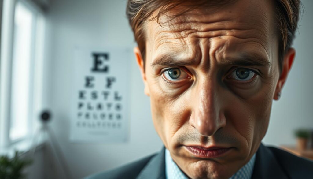 A visually striking depiction of a person experiencing glaucoma symptoms, focused on their eyes. In the foreground, a close-up of the individual's face, highlighting clear signs of visual impairment such as blurred vision, halos around lights, and narrowed peripheral vision. The person, dressed in a business attire, appears contemplative, subtly expressing confusion and concern. In the middle ground, a softly blurred eye chart and a consultation room, symbolizing an eye specialist's office, adds context. The background features gentle, diffused lighting, creating a clinical yet empathetic atmosphere. The color palette is muted, with soft whites and cool blues, reflecting the seriousness of the condition while still being visually engaging. The scene captures the emotional weight of visual loss, inviting viewers to understand the impact of glaucoma. A visually striking depiction of a person experiencing glaucoma symptoms, focused on their eyes. In the foreground, a close-up of the individual's face, highlighting clear signs of visual impairment such as blurred vision, halos around lights, and narrowed peripheral vision. The person, dressed in a business attire, appears contemplative, subtly expressing confusion and concern. In the middle ground, a softly blurred eye chart and a consultation room, symbolizing an eye specialist's office, adds context. The background features gentle, diffused lighting, creating a clinical yet empathetic atmosphere. The color palette is muted, with soft whites and cool blues, reflecting the seriousness of the condition while still being visually engaging. The scene captures the emotional weight of visual loss, inviting viewers to understand the impact of glaucoma.