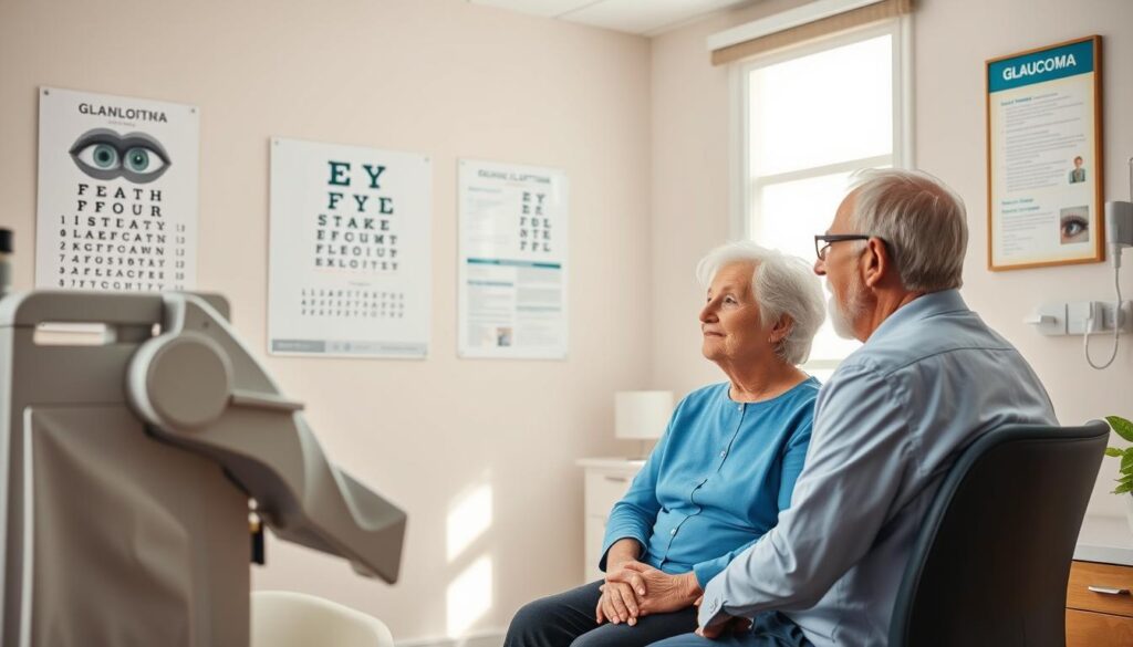 A warm, inviting scene depicting a senior couple in a doctor's office, emphasizing the importance of glaucoma prevention. In the foreground, the couple, dressed in modest, professional attire, sits attentively across from a caring ophthalmologist, who is explaining eye health. The middle-ground features a detailed eye chart and educational posters about glaucoma on the walls. Soft, natural light filters through a window, creating an uplifting atmosphere. The background includes medical instruments like a tonometer and a bright, welcoming color palette to evoke a sense of hope and proactive care. The overall mood is one of encouragement and support, focusing on the significance of eye health and regular check-ups for seniors.