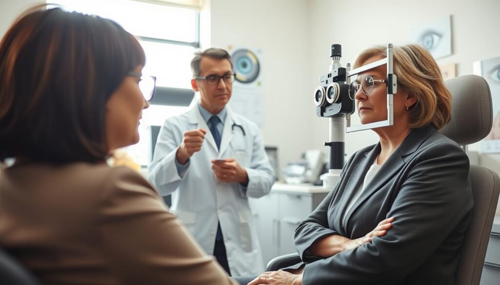 A well-lit optometry office scene capturing a moment of a patient receiving an eye examination. In the foreground, a middle-aged woman in professional attire sits comfortably, looking attentively at an eye chart. The middle of the scene includes an optometrist in a lab coat, wearing glasses, focused on adjusting a modern phoropter. The background features a clean, organized space with eye-related posters and equipment. Soft, natural light streams in from a window, creating a warm, inviting atmosphere. The overall mood conveys professionalism and care, emphasizing the importance of eye health and timely visits to the eye doctor. The angle is slightly elevated, showcasing both the patient and the optometrist in conversation, fostering engagement with the viewer.
