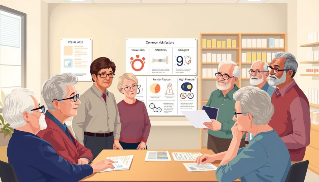 Create an informative illustration depicting the risk factors for glaucoma in seniors. In the foreground, place a diverse group of elderly individuals engaged in a discussion, all dressed in modest casual clothing, representing a variety of backgrounds. They should be gathered around a table with medical charts and eye health pamphlets. In the middle ground, display visuals of common risk factors, such as visual aids like eyeglasses, a family history chart, and icons symbolizing diabetes and high blood pressure. The background should feature a softly lit medical office environment, with shelves holding eye care products. Use warm, inviting lighting to create an atmosphere of concern and care, with a slight focus on the faces of the seniors showing thoughtful expressions. Ensure the composition is balanced and visually cohesive, without any text or distractions.