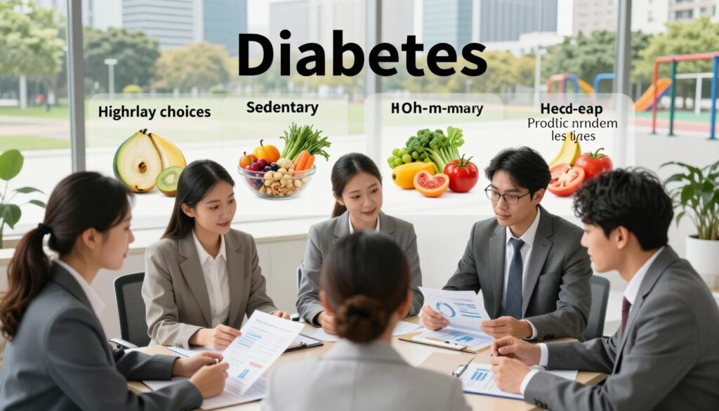A detailed composition illustrating the causes and risk factors of diabetes, focusing on elements like unhealthy food choices, sedentary lifestyle, and genetic predisposition. In the foreground, display a diverse group of individuals in professional business attire, engaged in activities like discussing health information and examining charts. In the middle ground, include visual representations of high-fat and high-sugar foods contrasted with healthy fruits and vegetables. The background should depict a cityscape promoting active living, with parks and fitness facilities. Soft, natural lighting enhances the atmosphere of awareness and prevention. Capture the scene from a slightly elevated angle to encompass the variety of elements while conveying a hopeful and educational mood.
