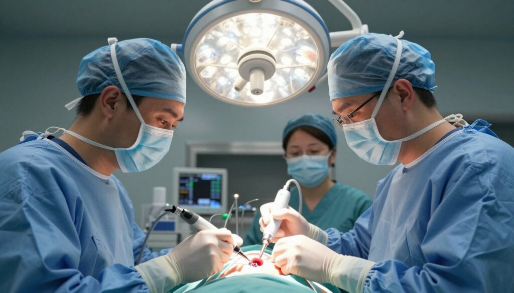 A detailed illustration of a phacoemulsification cataract surgery in a sterile, well-lit operating room. In the foreground, a surgeon in professional medical attire carefully operates a phacoemulsification device, demonstrating precision with focused determination. The middle ground features the patient's eye under a bright surgical light, showcasing the delicate procedure of lens fragmentation with tiny ultrasound waves. The background includes medical instruments and a nurse assisting, maintaining a professional atmosphere. Soft lighting enhances the sterile environment, reflecting the seriousness yet calm of the procedure. The composition emphasizes the intricate details of the surgery while ensuring a sense of trust and professionalism. A detailed illustration of a phacoemulsification cataract surgery in a sterile, well-lit operating room. In the foreground, a surgeon in professional medical attire carefully operates a phacoemulsification device, demonstrating precision with focused determination. The middle ground features the patient's eye under a bright surgical light, showcasing the delicate procedure of lens fragmentation with tiny ultrasound waves. The background includes medical instruments and a nurse assisting, maintaining a professional atmosphere. Soft lighting enhances the sterile environment, reflecting the seriousness yet calm of the procedure. The composition emphasizes the intricate details of the surgery while ensuring a sense of trust and professionalism.