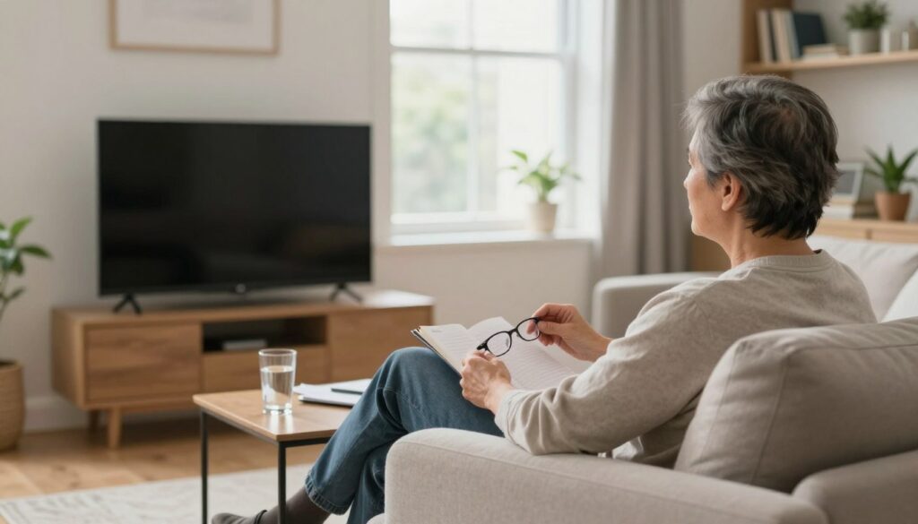 A serene and inviting living room featuring a cozy sofa and a well-placed TV. In the foreground, a middle-aged person comfortably seated, wearing modest casual clothing, gazes thoughtfully at the screen while holding reading glasses. A small table beside them holds a glass of water and a notepad. In the middle, soft, natural light floods the room through a large window, illuminating the gentle colors of the decor. The background includes a bookshelf with books and plants, contributing to a calming atmosphere. The whole scene conveys a sense of relaxation and the gradual return to normal routines after cataract surgery, emphasizing comfort and care in viewing choices. The image should evoke safety and tranquility, focusing on the process of recovery and leisure activities. A serene and inviting living room featuring a cozy sofa and a well-placed TV. In the foreground, a middle-aged person comfortably seated, wearing modest casual clothing, gazes thoughtfully at the screen while holding reading glasses. A small table beside them holds a glass of water and a notepad. In the middle, soft, natural light floods the room through a large window, illuminating the gentle colors of the decor. The background includes a bookshelf with books and plants, contributing to a calming atmosphere. The whole scene conveys a sense of relaxation and the gradual return to normal routines after cataract surgery, emphasizing comfort and care in viewing choices. The image should evoke safety and tranquility, focusing on the process of recovery and leisure activities.