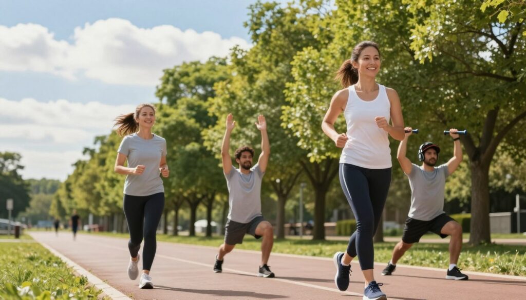 A vibrant outdoor scene illustrating physical activity for individuals managing type 1 diabetes. In the foreground, a diverse group of three people dressed in professional sports attire engages in various exercises: a woman jogging, a man practicing yoga, and another person lifting weights. In the middle ground, lush green trees and a jogging path create an inviting atmosphere, promoting health and wellness. The background features a bright blue sky with fluffy white clouds, symbolizing hope and vitality. The lighting is soft and warm, evoking a friendly and encouraging mood, while the angle captures the energy and movement of the activities. The overall composition conveys a sense of community and support in maintaining an active lifestyle safely.