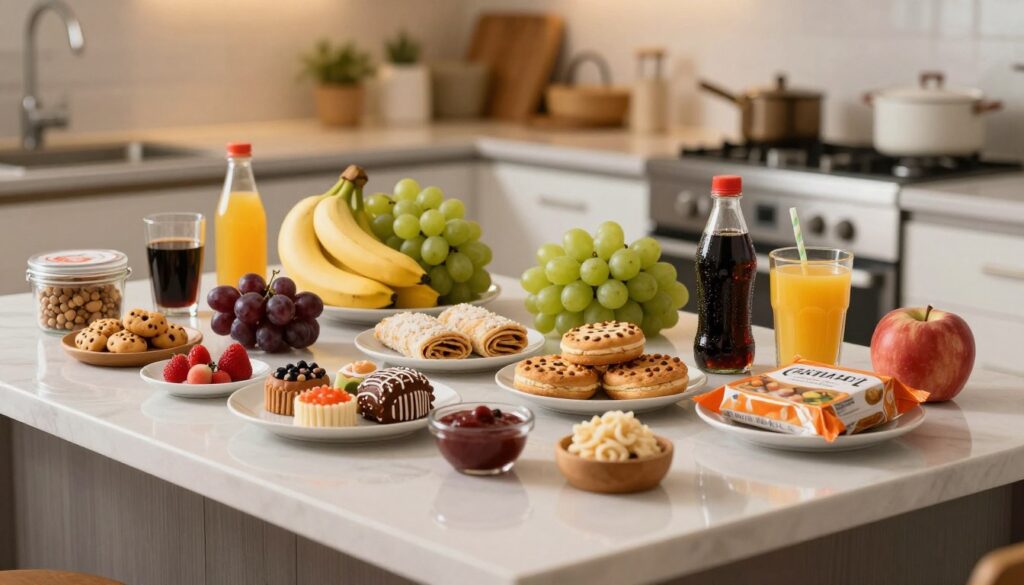 A visually compelling kitchen scene depicting a variety of foods and drinks that spike blood sugar levels, laid out on a stylish countertop. In the foreground, prominently display items like sugary snacks, sodas, and processed foods, with their vibrant colors creating an eye-catching contrast. In the middle ground, include fruits like bananas and grapes, arranged artfully alongside pastries and sauces. In the background, showcase an inviting kitchen ambiance with warm lighting, emphasizing a sense of caution and awareness. The angle should be slightly above the countertop level, allowing for a dynamic perspective. The mood is informative yet approachable, meant to capture the essence of awareness around dietary choices. Ensure the image is clean and professional, free from any text or branding. A visually compelling kitchen scene depicting a variety of foods and drinks that spike blood sugar levels, laid out on a stylish countertop. In the foreground, prominently display items like sugary snacks, sodas, and processed foods, with their vibrant colors creating an eye-catching contrast. In the middle ground, include fruits like bananas and grapes, arranged artfully alongside pastries and sauces. In the background, showcase an inviting kitchen ambiance with warm lighting, emphasizing a sense of caution and awareness. The angle should be slightly above the countertop level, allowing for a dynamic perspective. The mood is informative yet approachable, meant to capture the essence of awareness around dietary choices. Ensure the image is clean and professional, free from any text or branding.