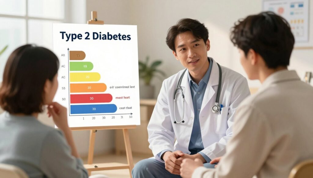 A visually engaging illustration representing the concept of disability levels associated with Type 2 diabetes. In the foreground, show a compassionate healthcare professional in a professional business attire, discussing with a patient who appears thoughtful and engaged. In the middle ground, include a chart or visual aid depicting different disability levels, with an emphasis on the most common levels related to Type 2 diabetes. The background features a calming medical office environment, softly lit to create an atmosphere of support and understanding. Use warm tones to evoke a sense of empathy and care, as light filters through a window, casting gentle shadows. The angle should be slightly elevated, capturing both the healthcare professional and the patient in an inviting and informative setting.