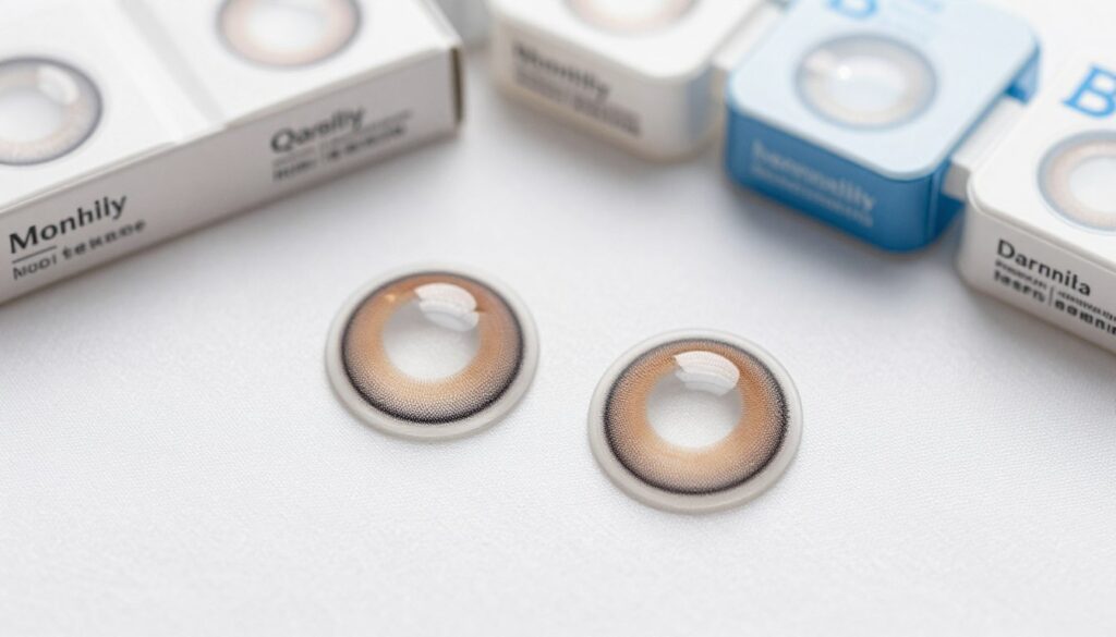 A beautiful close-up of a pair of brown contact lenses placed elegantly on a soft, white fabric background, showcasing their smooth surface and subtle color variations. Surround the lenses with a few neatly arranged daily, monthly, and quarterly lens packaging boxes to emphasize the theme of lens usage and replacement schedules. Use soft, natural lighting to create a serene and professional atmosphere, highlighting the lenses' natural brown hue. Capture the image at a slight angle to add depth, while ensuring the focus stays sharp on the lenses. The overall mood should be informative and inviting, enhancing the viewer's understanding of the product's features and usage options.