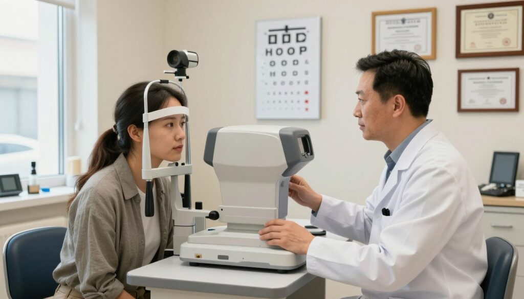 A bright and inviting optician's office, featuring a professional-looking eye doctor and a patient undergoing a vision test for a driver's license. In the foreground, the doctor is standing beside a comprehensive eye exam machine, attentively guiding the patient. The patient, dressed in business casual attire, is focused on the eye chart mounted on the wall. In the middle ground, various eye testing tools and charts are organized neatly on a counter, with a window allowing natural light to illuminate the scene. The background displays a calming, neutral color palette with framed diplomas and certificates on the walls, creating a professional atmosphere. The overall mood is serious yet approachable, emphasizing the importance of eye exams for driving safety.