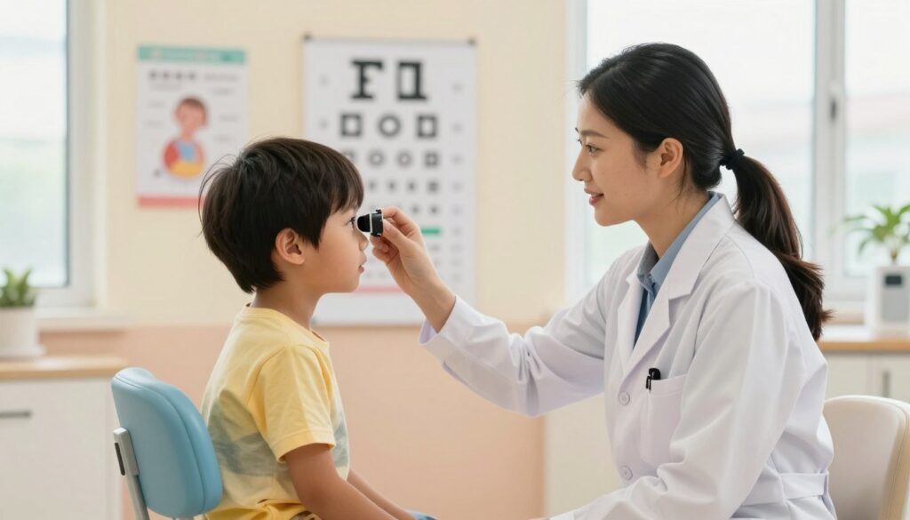 A bright, warm clinic environment focusing on a child’s vision screening. In the foreground, a young child, around 6 years old, wearing modest, colorful clothing, sits on an examination chair, looking through a vision test chart with curiosity. In the middle ground, an attentive pediatrician, dressed in a professional white coat, observes the child while holding an eye testing device, ensuring comfort and engagement. The background features soft pastel-colored walls with educational posters about eye health. Gentle, natural lighting filters through large windows, creating a welcoming atmosphere that suggests care and professionalism. The overall mood is positive and reassuring, emphasizing the importance of eye screenings for children. A bright, warm clinic environment focusing on a child’s vision screening. In the foreground, a young child, around 6 years old, wearing modest, colorful clothing, sits on an examination chair, looking through a vision test chart with curiosity. In the middle ground, an attentive pediatrician, dressed in a professional white coat, observes the child while holding an eye testing device, ensuring comfort and engagement. The background features soft pastel-colored walls with educational posters about eye health. Gentle, natural lighting filters through large windows, creating a welcoming atmosphere that suggests care and professionalism. The overall mood is positive and reassuring, emphasizing the importance of eye screenings for children.