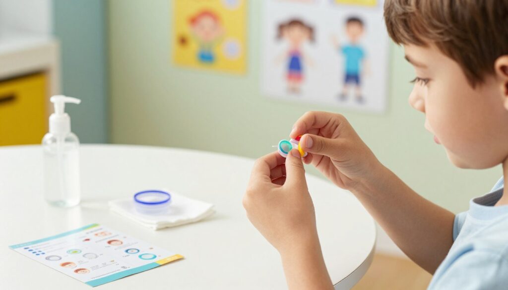A child, around 8 years old, is sitting at a brightly lit table, carefully putting in a pair of colorful contact lenses. The foreground showcases the child’s focused expression, highlighting the importance of safety and care in lens application. In the middle, a well-organized space with a cleaning solution, a soft cloth, and an instruction manual indicates a safe environment. The background features playful decor, perhaps colorful walls and educational posters about eye care, creating a cheerful yet informative atmosphere. Soft, natural lighting illuminates the scene, evoking a sense of warmth and reassurance. The child is dressed in modest, casual clothing, embodying a safe and everyday setting. Overall, the image conveys a supportive and educational vibe about the safety of wearing contact lenses for kids. A child, around 8 years old, is sitting at a brightly lit table, carefully putting in a pair of colorful contact lenses. The foreground showcases the child’s focused expression, highlighting the importance of safety and care in lens application. In the middle, a well-organized space with a cleaning solution, a soft cloth, and an instruction manual indicates a safe environment. The background features playful decor, perhaps colorful walls and educational posters about eye care, creating a cheerful yet informative atmosphere. Soft, natural lighting illuminates the scene, evoking a sense of warmth and reassurance. The child is dressed in modest, casual clothing, embodying a safe and everyday setting. Overall, the image conveys a supportive and educational vibe about the safety of wearing contact lenses for kids.