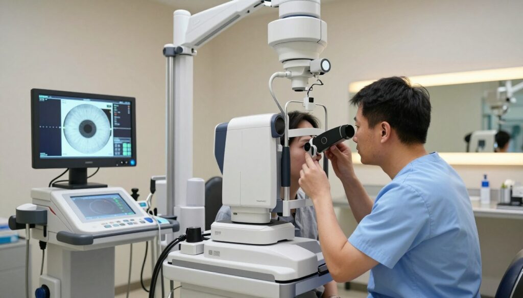 A clinical and modern eye surgery room, emphasizing the safety of laser eye surgery. In the foreground, a skilled ophthalmologist in professional attire examines a patient’s eye using advanced laser technology. The middle ground shows high-tech surgical equipment and glowing screens displaying eye scans and safety metrics. In the background, soft, ambient lighting creates a calm atmosphere, enhancing the feeling of professionalism and care. The setting is spotless and well-organized, with a sense of precision and attention to detail. The mood is reassuring, reflecting the effectiveness and safety of laser vision correction, while dispelling any myths surrounding the procedure. The composition should focus on clarity and professionalism, avoiding any distractions or clutter.