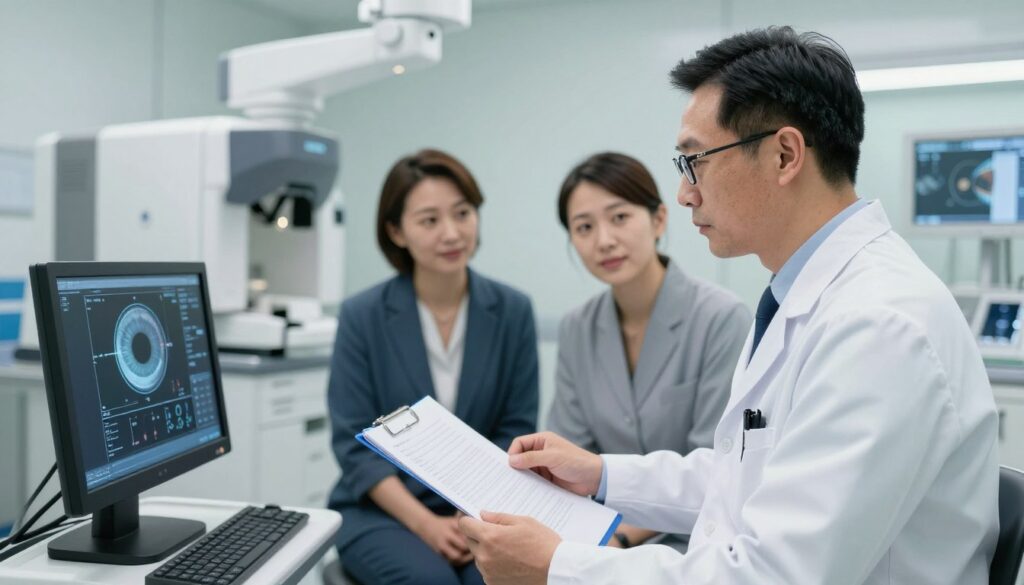A clinical scene illustrating potential complications of patients undergoing laser eye surgery, featuring a medical professional in a crisp white lab coat, examining a digital display with eye scan images. In the foreground, a focused doctor, wearing glasses, reviews charts with a serious expression. The middle ground showcases an engaged consultation between the doctor and a patient in professional attire, with anatomical diagrams of the eye on a screen. In the background, a modern, well-lit surgical room with advanced laser equipment and a reassuring ambiance. The lighting is bright and sterile, accentuating the seriousness of the subject. Overall mood is informative and professional, aimed at conveying safety and clarity in the context of risks associated with laser eye corrections. A clinical scene illustrating potential complications of patients undergoing laser eye surgery, featuring a medical professional in a crisp white lab coat, examining a digital display with eye scan images. In the foreground, a focused doctor, wearing glasses, reviews charts with a serious expression. The middle ground showcases an engaged consultation between the doctor and a patient in professional attire, with anatomical diagrams of the eye on a screen. In the background, a modern, well-lit surgical room with advanced laser equipment and a reassuring ambiance. The lighting is bright and sterile, accentuating the seriousness of the subject. Overall mood is informative and professional, aimed at conveying safety and clarity in the context of risks associated with laser eye corrections.