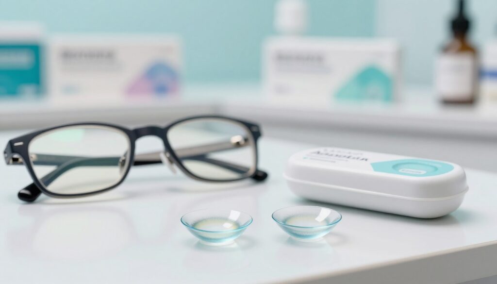 A close-up arrangement of Air Optix Night contact lenses displayed elegantly in a soft-focus medical or optical office setting. In the foreground, the lenses are presented on a clean, reflective surface, subtly illuminated by soft, natural lighting that enhances their clarity. In the middle ground, a pair of professional glasses and a lens case sit beside the lenses, suggesting a contrast between traditional eyewear and modern contact solutions. The background features a blurred display of eye care products and a soothing color palette of pastel blues and whites, evoking a calm and professional atmosphere. The overall mood is informative and reassuring, suitable for an audience considering contact lens options for day and night wear. No text or branding is present in the image.