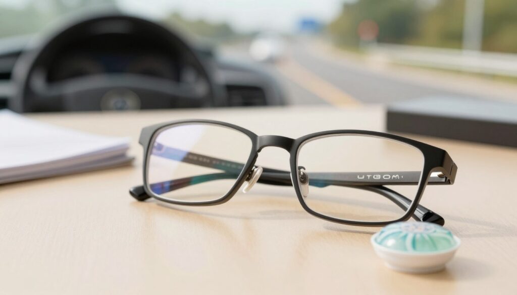 A close-up composition focusing on a pair of stylish eyeglasses and contact lenses displayed prominently on a clean, professional desk. The eyeglasses, framed in modern design, reflect soft natural lighting, while a small, decorative contact lens case sits beside them. In the background, subtly blurred, a soft-focus image of a driving test scenario is visible, hinting at a road and driving-related elements. The color palette is warm and inviting, enhancing a sense of reliability and professionalism. The overall atmosphere is informative and contemplative, ideal for conveying the importance of eyesight in relation to driving regulations. The image should feature no text or additional elements, ensuring clarity and focus on the subject.