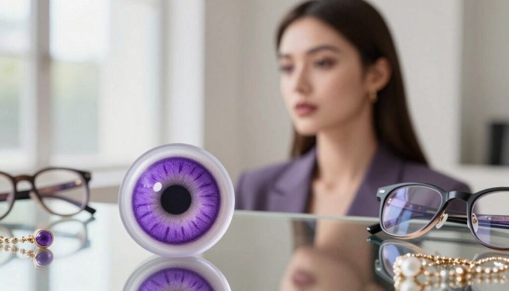 A close-up composition highlighting vibrant violet colored contact lenses set against a soft, blurred background of natural light. In the foreground, the lenses are displayed elegantly on a reflective surface, showcasing their rich purple hue and subtle patterns. Surrounding the lenses, delicate accessories such as jewelry and stylish eyeglass frames hint at fashion and personalization. In the middle ground, a model wearing stylish yet modest business attire gazes thoughtfully, her well-groomed appearance complemented by her violet lenses. The mood is chic and contemporary, suggesting elegance and creativity in styling. Soft, diffused lighting illuminates the scene, casting gentle shadows to enhance depth and texture, creating an inviting atmosphere that conveys confidence and allure in fashion choices related to eye color.