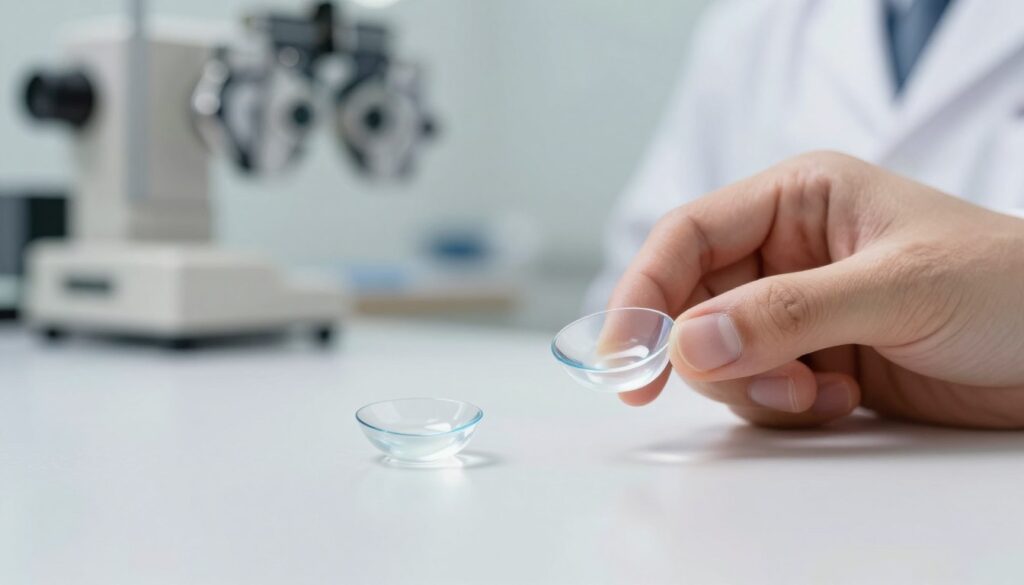 A close-up composition showcasing a pair of modern, transparent contact lenses elegantly placed on a clean, glossy surface. In the foreground, a pair of professional hands, dressed in a white lab coat, delicately holds one lens, emphasizing its clarity and delicateness. In the middle ground, a blurred optical examination room can be seen with eye-testing equipment in the background, creating a clinical atmosphere. Soft, diffused lighting enhances the translucence of the lenses and casts gentle shadows on the surface. The overall mood should convey a sense of professionalism and care, underscoring the importance of proper eye care and the role of optometrists or ophthalmologists in selecting the right contact lenses for patients.