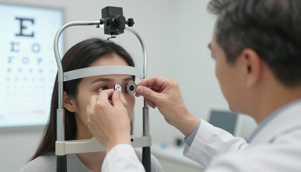 A close-up examination of an eye during a vision test in a modern optometry clinic. In the foreground, a focused, professional optometrist wearing a crisp white lab coat is adjusting the lens test in front of a patient, who is attentively looking through an eye test device. The optometrist is a middle-aged person with short hair, exuding confidence and professionalism. In the middle ground, an illuminated wall chart displays letters in various sizes used for testing visual acuity, while the background features soft, diffused lighting that enhances the clinical atmosphere, creating a calm and focused mood. The scene captures the essence of precision in vision testing, emphasizing the importance of eye health and clarity of vision.