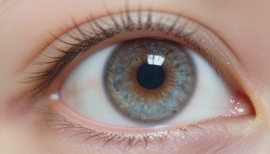 A close-up illustration of a human eye, showcasing the cornea with a contact lens visibly "stuck" to it. The foreground captures intricate details of the eye, focusing on the lens' transparency and the subtle curvature of the cornea. Soft, natural lighting enhances the textures, highlighting reflections and minor imperfections in the eye. In the middle ground, the eye's iris displays rich colors and intricate patterns, while the background is softly blurred to emphasize the eye as the main subject. The overall mood is clinical yet informative, evoking a sense of care and attention to detail. The composition should be from a slight angle to give depth and realism, with no text or overlays present.
