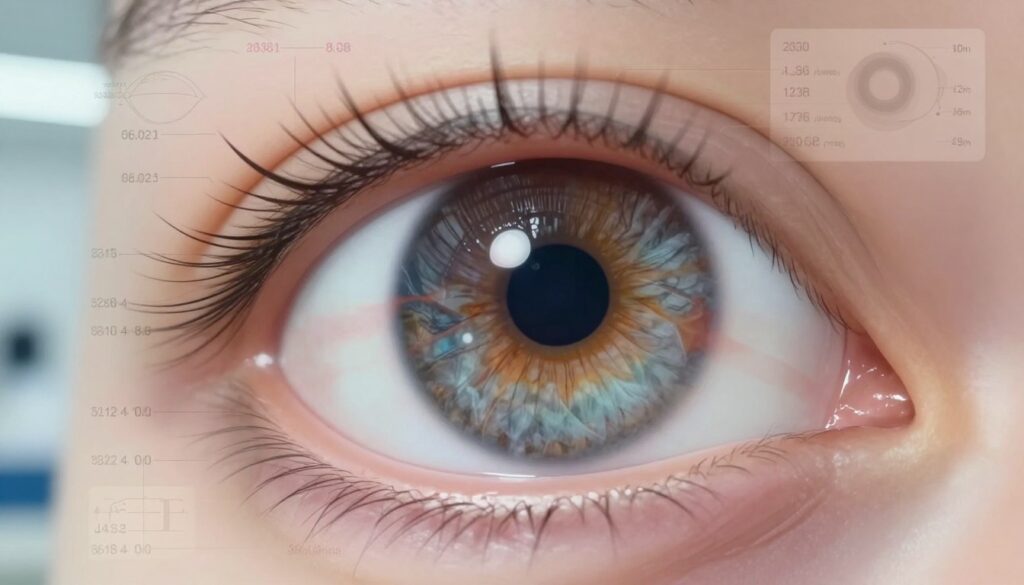 A close-up illustration of an eye with visible optical anomalies such as astigmatism and myopia, showcasing the intricate anatomy of the eye. In the foreground, focus on the eye with detailed textures and variations in color, capturing the essence of eye defects. The middle ground features diagrams and overlays of prescription values and eye parameters, subtly blending into the eye's structure. The background is a softly blurred clinical setting, evoking a professional atmosphere with soft, diffused lighting to emphasize the focus on the eye. The overall mood is informative and educational, aiming to raise awareness about vision correction challenges while maintaining a clean and scientific feel.