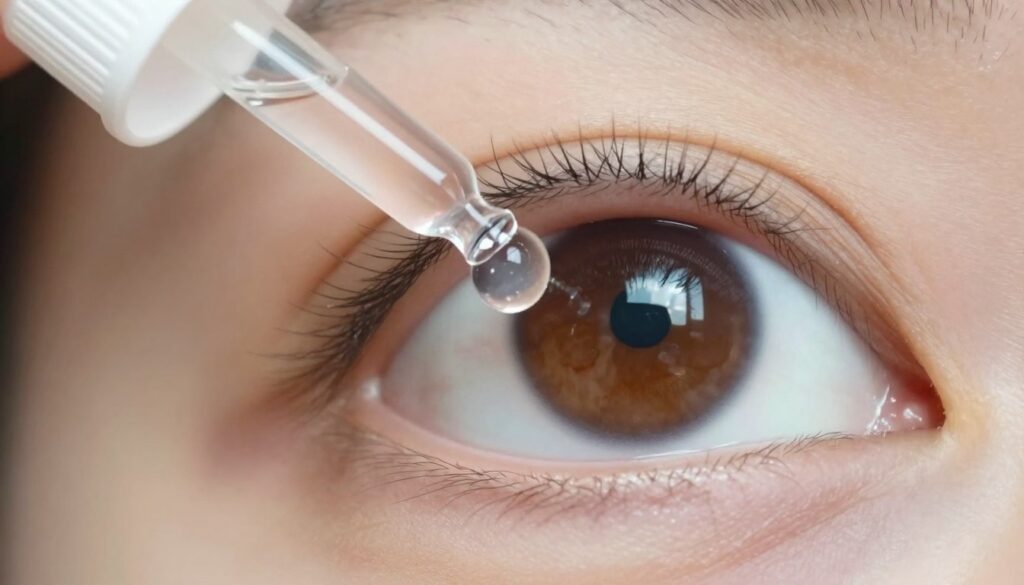A close-up image depicting an eye with a droplet of eye drop solution hovering just above it, capturing the moment of application. The foreground features the detailed surface of the eye, highlighting the intricate patterns of the iris and the moisture on the cornea. The middle layer includes the eye drop bottle, designed elegantly, with soft light reflecting off its curved surface, suggesting a sense of modernity. The background is softly blurred to emphasize the subject, incorporating a hint of greenery signifying freshness and health. The lighting is bright, conveying clarity and a sense of hope for improved vision. The atmosphere is professional and clean, evoking a feeling of trust and innovation in eye care technology.